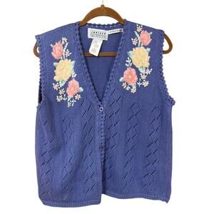 VINTAGE Embroidered Blue Floral Knit Vest Large